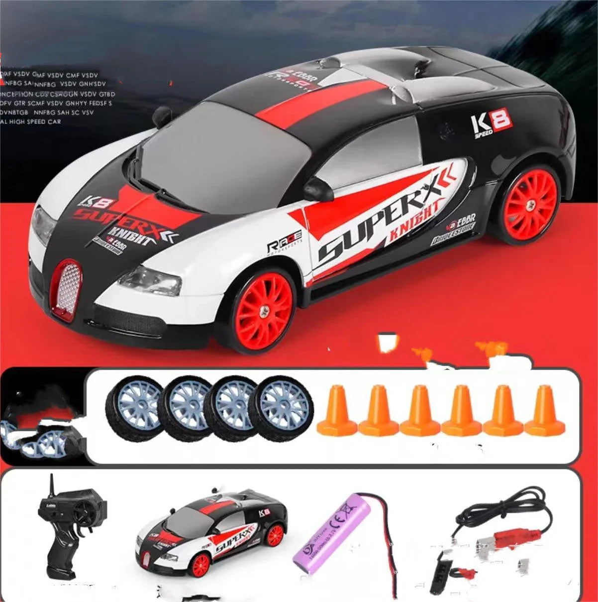1:24 scale remote control drift car with powerful 4WD system, cool LED lights, and responsive 2.4 GHz remote for high-speed racing thrills
