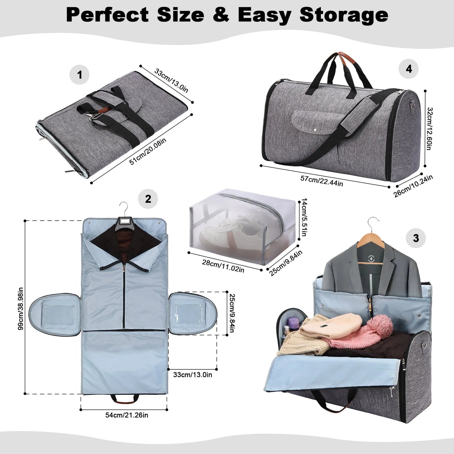 Folding duffel travel bag in dark blue Oxford cloth, shown packed and folded flat.