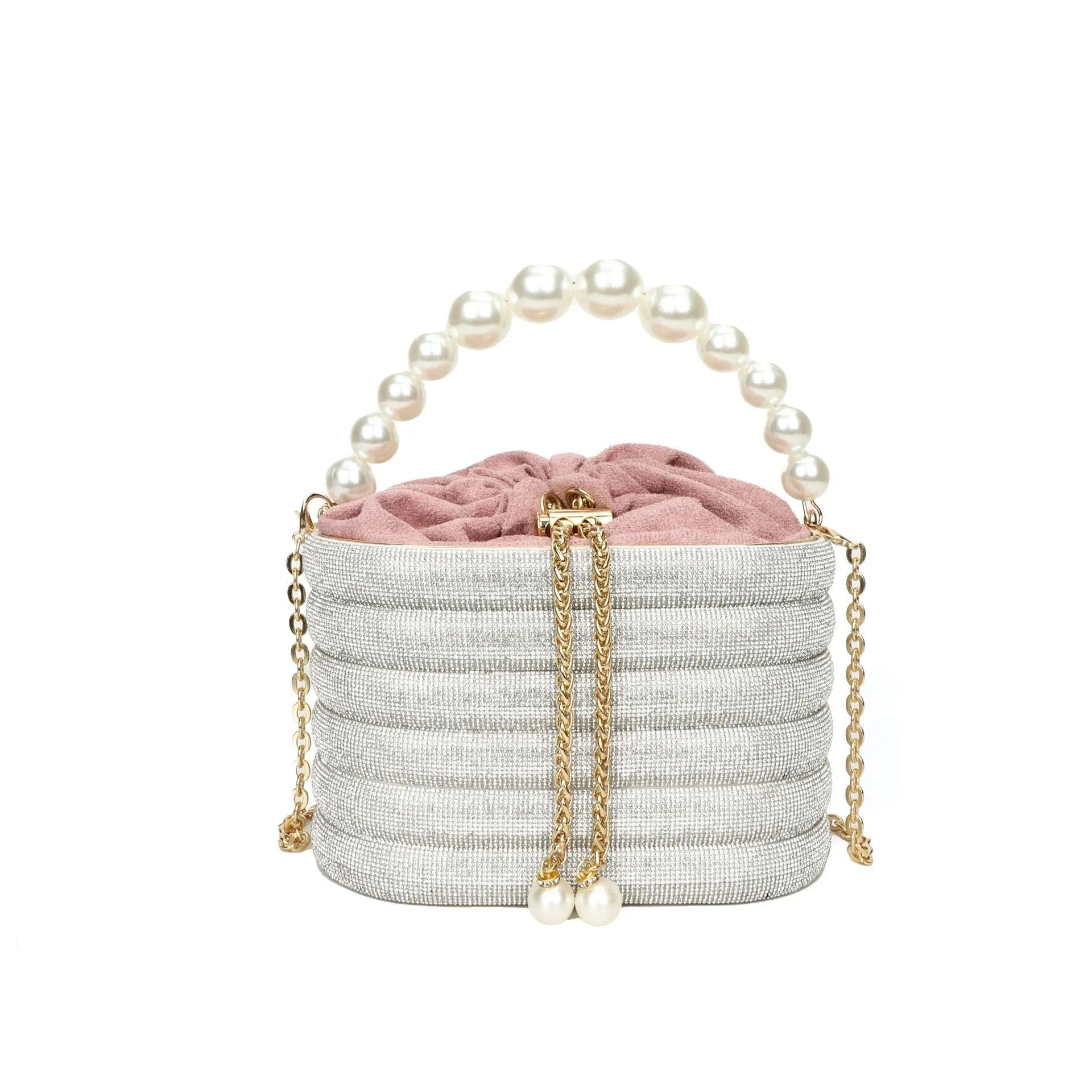 Women's one-shoulder crossbody bag with pearl beading, round shape, and internal zipper pocket in black colour
