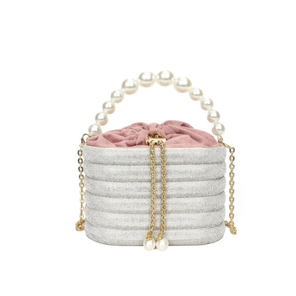 Women's one-shoulder crossbody bag with pearl beading, round shape, and internal zipper pocket in black colour