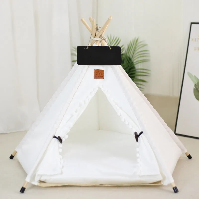 White and yellow striped flax linen pet teepee tent with cushion for small dogs or cats.