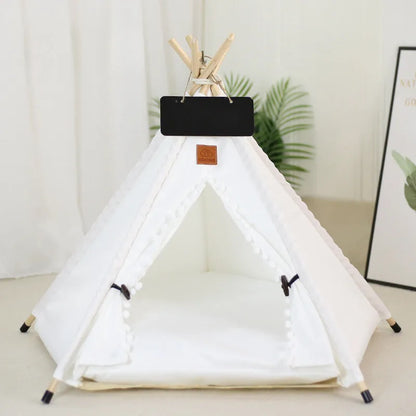 White and yellow striped flax linen pet teepee tent with cushion for small dogs or cats.