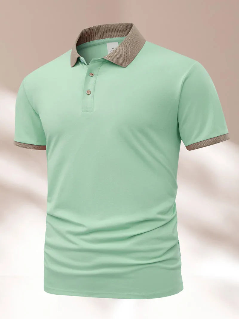 Man's short sleeve Ice Silk polo shirt with a flocking print, shown in multiple colour options.