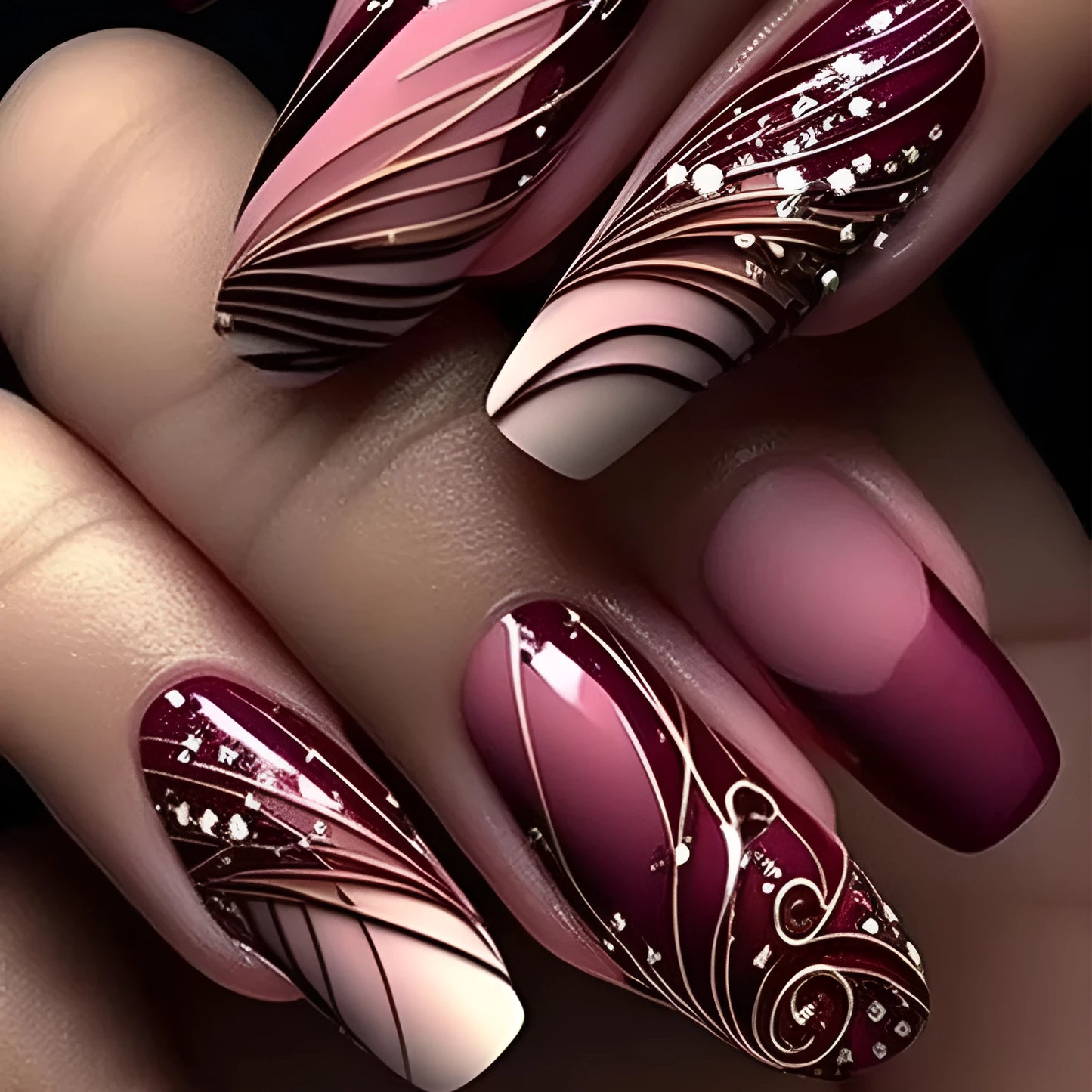 French line pattern fake nails with glue included in package