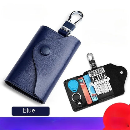 Genuine leather keychain card holder in square vertical design with internal key mapping structure