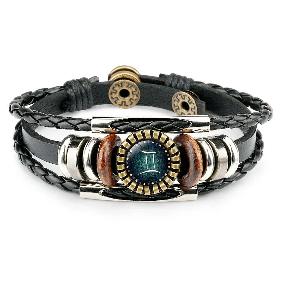 Premium 12-Sign Zodiac Leather Bracelet for Men, featuring captivating glass art and adjustable leather design