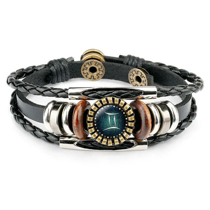 Premium 12-Sign Zodiac Leather Bracelet for Men, featuring captivating glass art and adjustable leather design