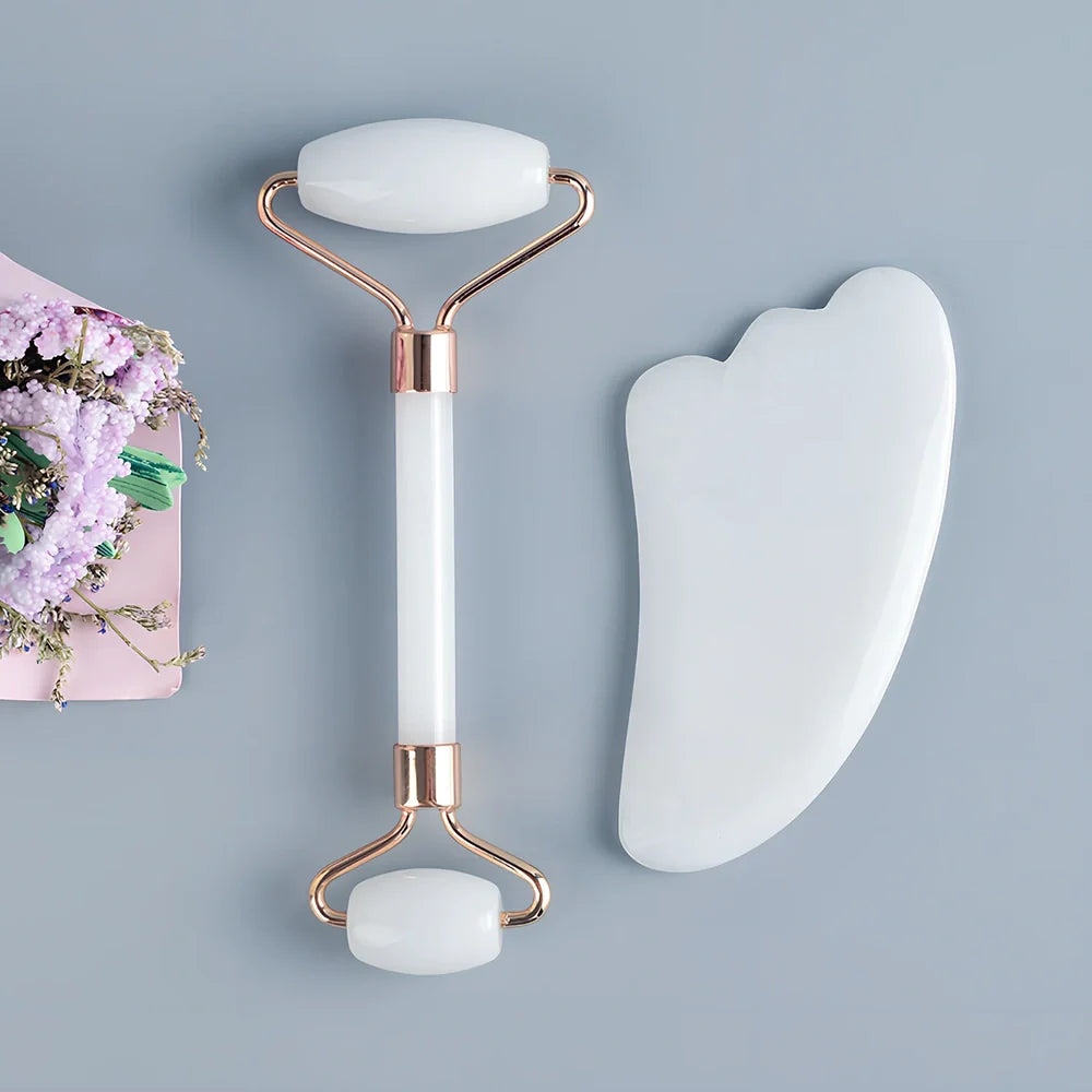 White jade facial roller set with double-headed design and scraping board for gua sha massage