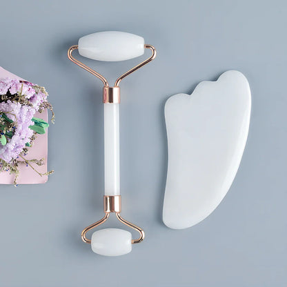 White jade facial roller set with double-headed design and scraping board for gua sha massage