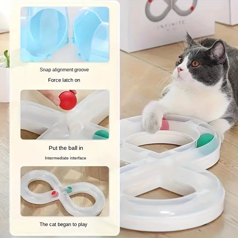 Interactive cat turntable track toy with ball system and teasing stick for feline enrichment
