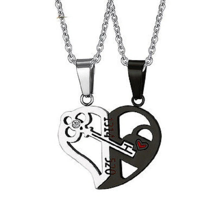 Captivating couples' love necklace set in gold, black, and silver colours with delicate chain and symbolic pendant design
