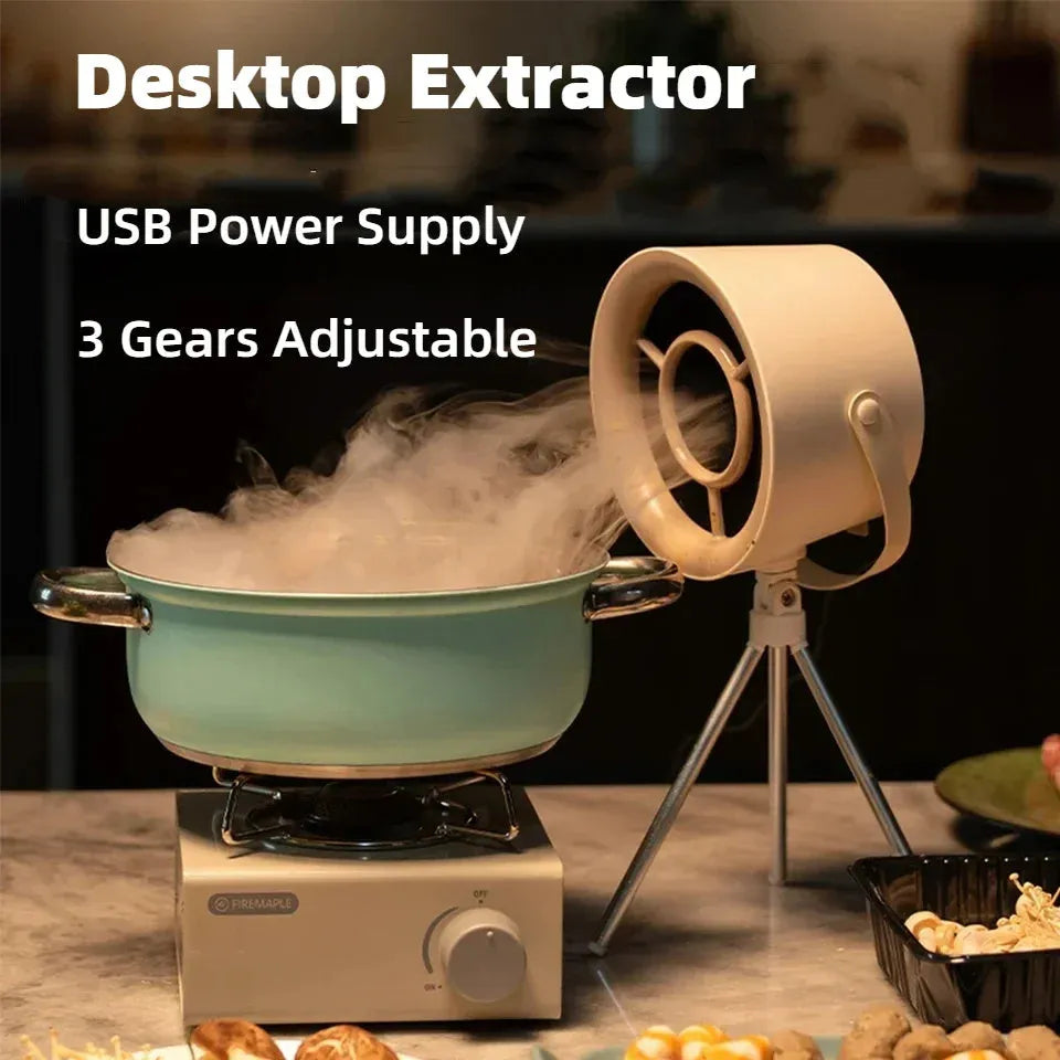 2024 portable desktop exhaust fan in Milky White colour with USB cable and tripod, dimensions 180x108x420mm