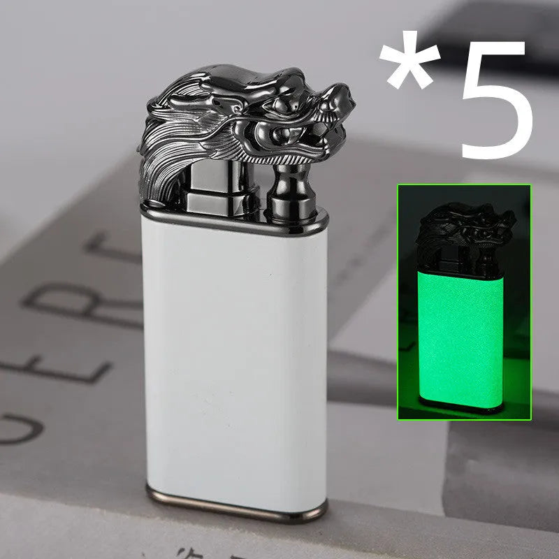 Metal windproof lighter with double flame and dragon design, showing flame from mouth.