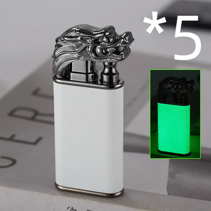 Metal windproof lighter with double flame and dragon design, showing flame from mouth.