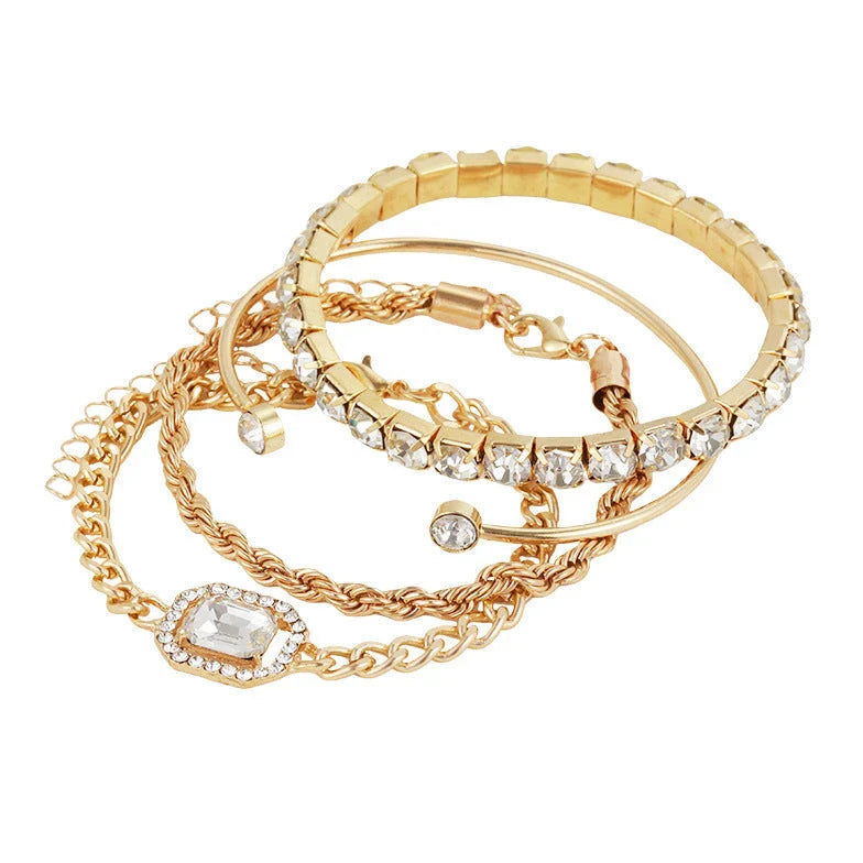 4-piece crystal bracelet set with boho-chic design, featuring sparkling rhinestones and adjustable alloy construction
