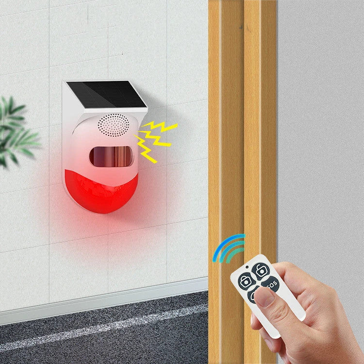 Solar-powered infrared alarm system with remote control, designed for home, ranch, and factory security in the UK