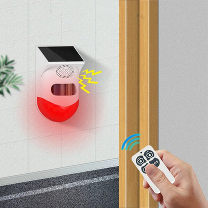 Solar-powered infrared alarm system with remote control, designed for home, ranch, and factory security in the UK