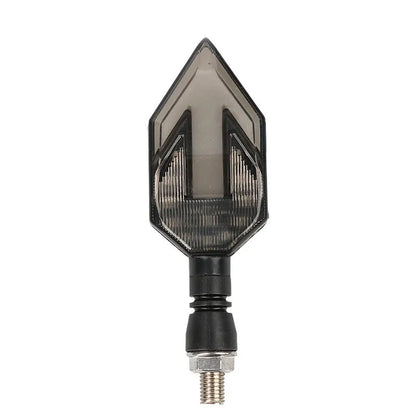 Arrow-shaped LED motorcycle directional turn signal light for 12V systems.