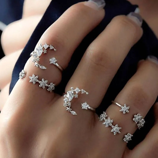 Diamond Set Ring with Star and Moon Crystal Design in Silver