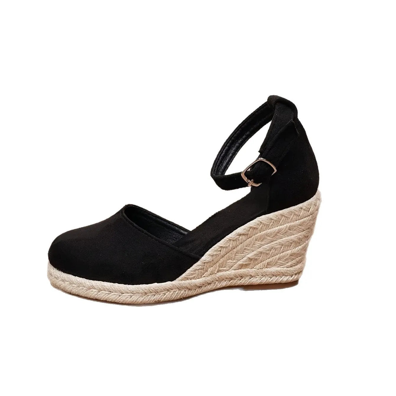 Women's Roman-style wedge sandals in suede with buckle fastening, shown in apricot and black colours