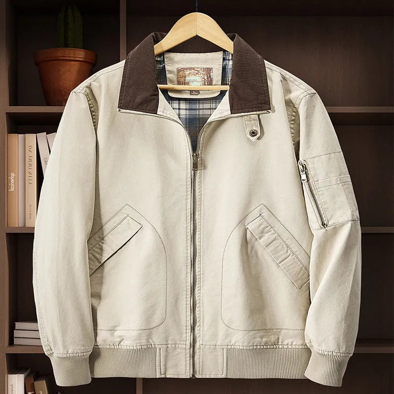 Men's plus-size washed cotton baseball flight jacket in camel, black, army green, or beige.