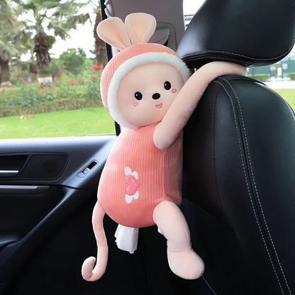 Plush animal design tissue box holder mounted on back of car seat