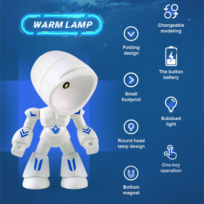 Mini mecha robot hero LED night light with adjustable arms on a desk.