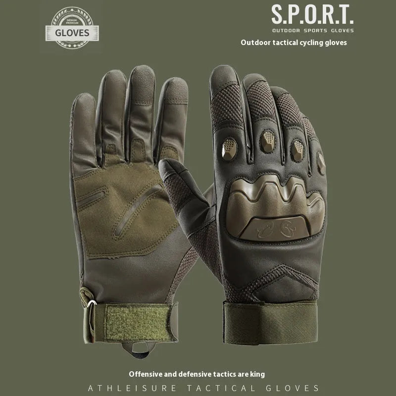 Men's black tactical gloves with touchscreen finger caps, shown in sizes M, L, XL for training use.