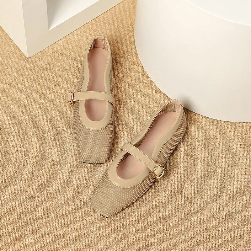 Women's beige mesh hollow out pumps with buckle fastening and square toe on a flat sole.