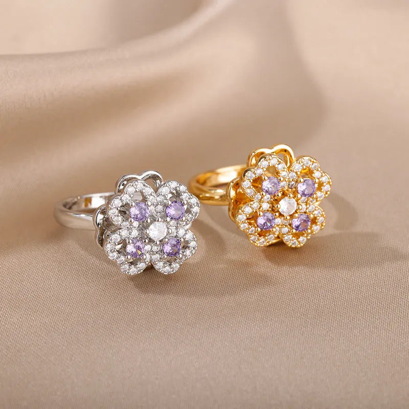 Rotatable copper flower ring with rhinestones, available in gold or platinum finish for women