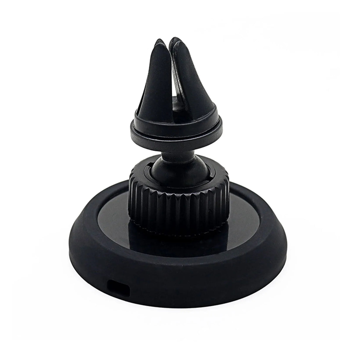 Black plastic car magnetic mobile phone holder showing air vent and base bracket mounting options