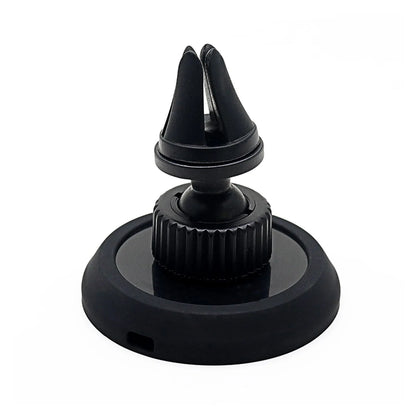 Black plastic car magnetic mobile phone holder showing air vent and base bracket mounting options