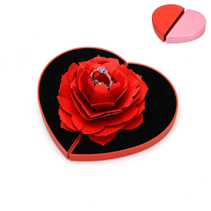Heart-shaped 3D Love Box with rotating rose flower for ring display in red and pink