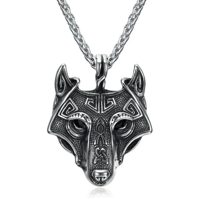 Norse Grey Wolf Head Titanium Steel Pendant Chain in silver and gold options