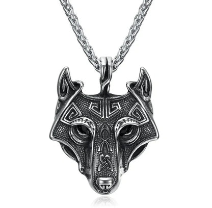 Norse Grey Wolf Head Titanium Steel Pendant Chain in silver and gold options