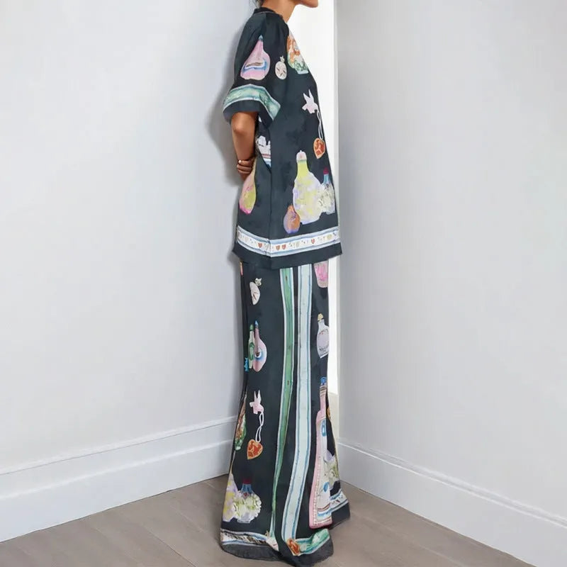 Black women's cardigan and trousers set with cartoon animation print, sizes S to 3XL