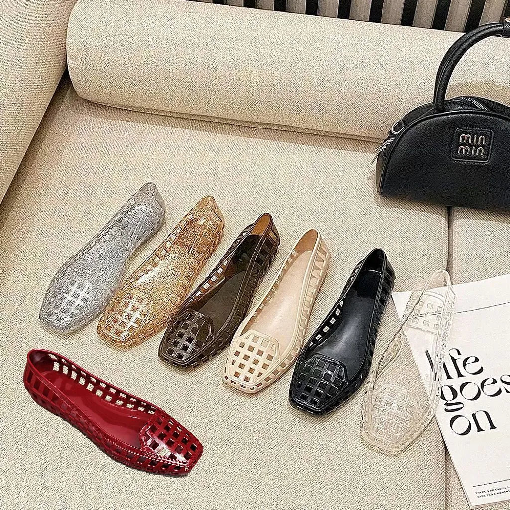 Square toe PVC gel sliders in transparent colour with slip-on design for outdoor leisure wear