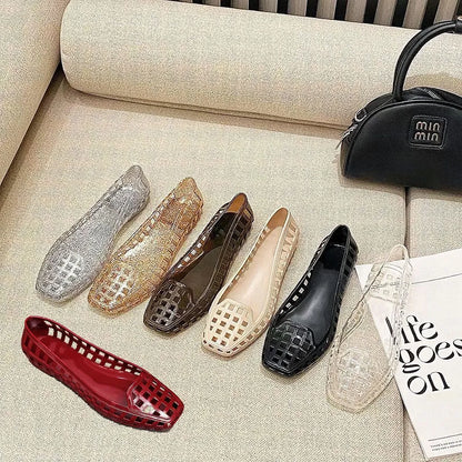 Square toe PVC gel sliders in transparent colour with slip-on design for outdoor leisure wear