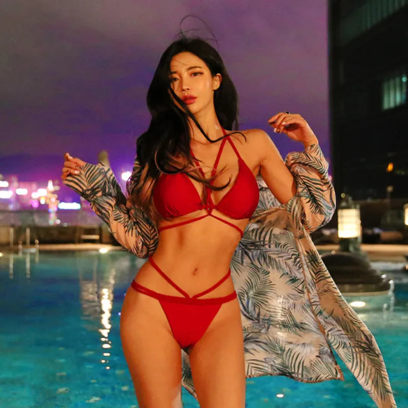 Black and red nylon bikini swimsuit set for hot springs and swimming