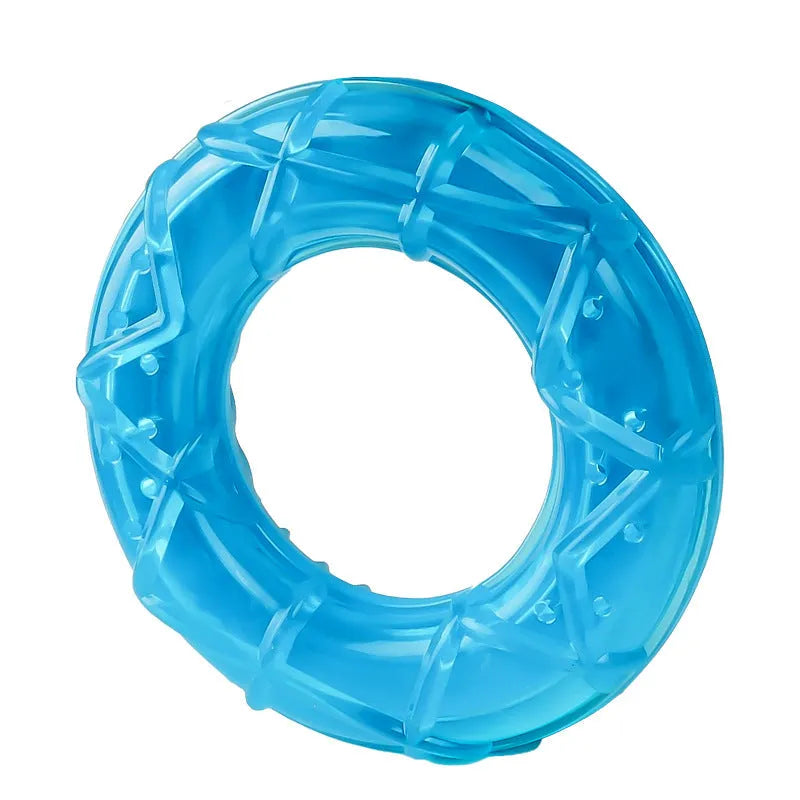 Set of four water-filled silicone dog cooling toys: pacifier, popsicle, and two rings.