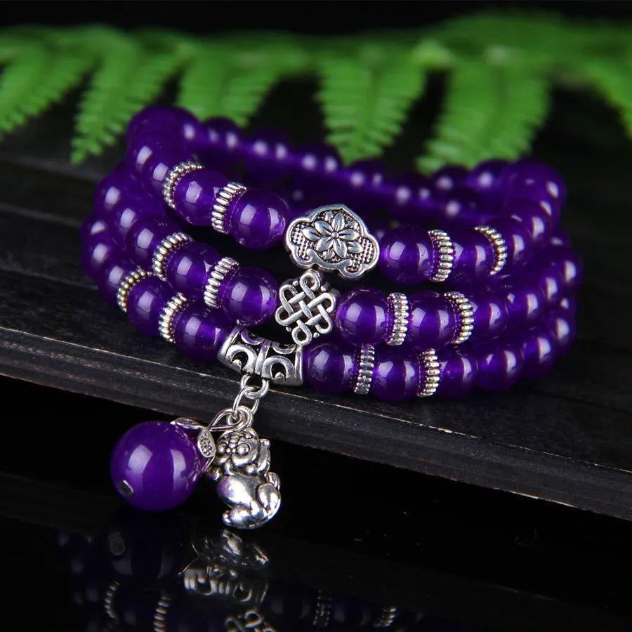 Purple chalcedony bracelet with three circles of beads in ethnic women's style