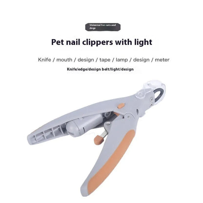 White plastic pet nail clipper with LED light on blister card packaging.