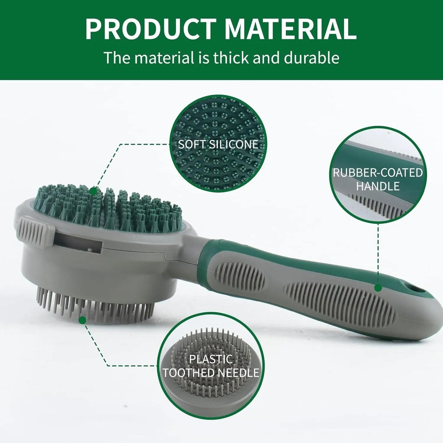 Green and pink dual-sided pet brush showing slicker pins and silicone massage nubs on a wooden table.