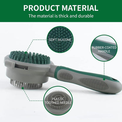 Green and pink dual-sided pet brush showing slicker pins and silicone massage nubs on a wooden table.