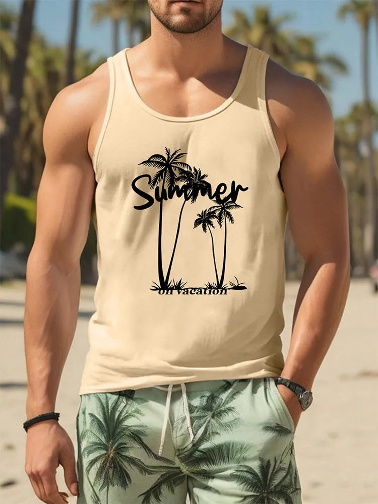 Men's 3D printed sleeveless vest in solid colour Hawaiian style