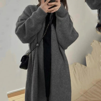 Dark grey loose knitted women's cardigan with 3D pattern texture, 65cm length with long sleeves
