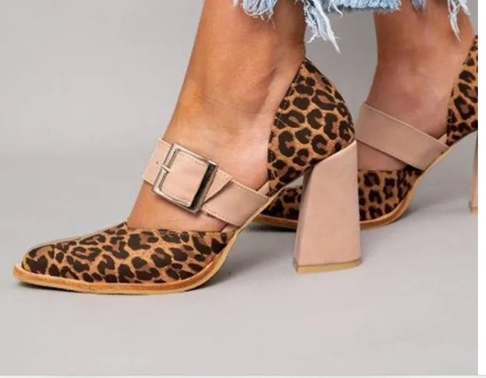 Leopard print high heel pointed toe sandals with belt buckle, suede upper, red or pink, sizes 34-43