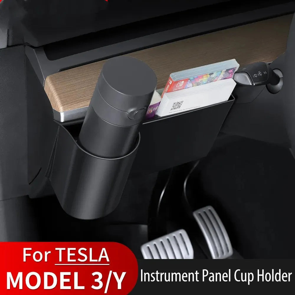 Tesla Model 3 and Y dashboard water cup holder in plastic with a carry handle.