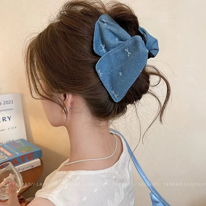 Women's handmade hair clip with denim fabric bow triangle decoration and plastic grip