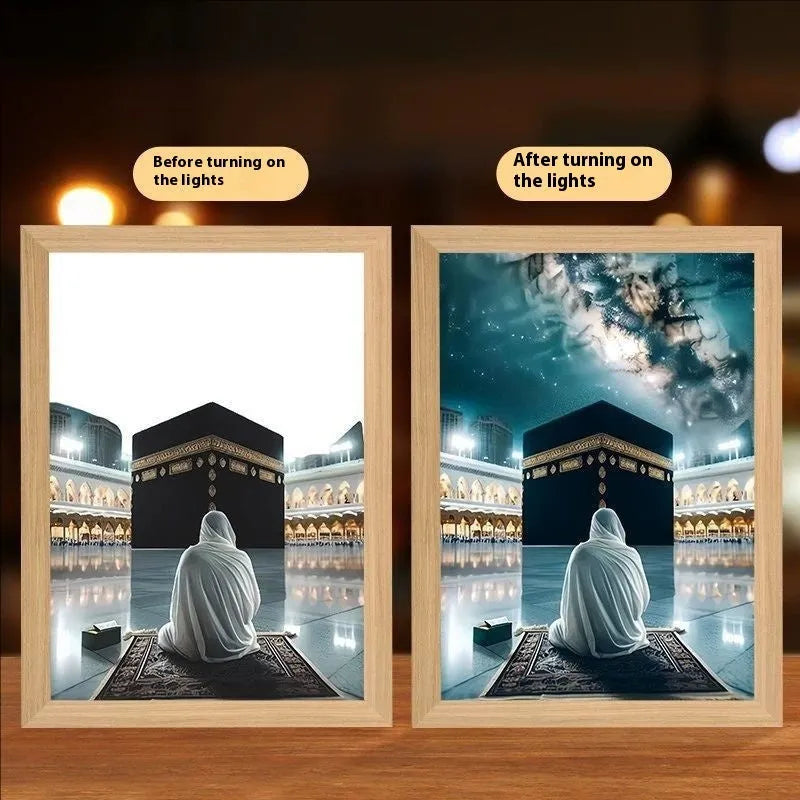 Modern rectangular light painting photo frame displaying an illuminated cross and scenic artwork.